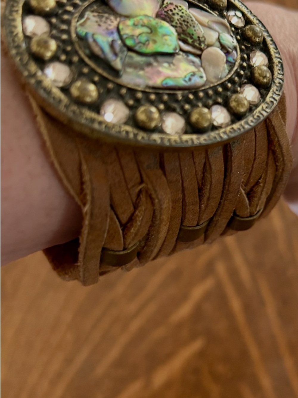 Boho Braided Suede Cuff Bracelet with Abalone and Crystal Accents